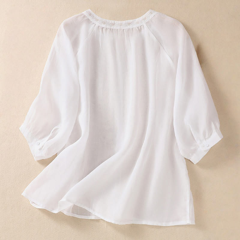 Buddha Stones Embroidered Design Women's Cotton Linen Three Quarter Sleeve Shirt - image 8