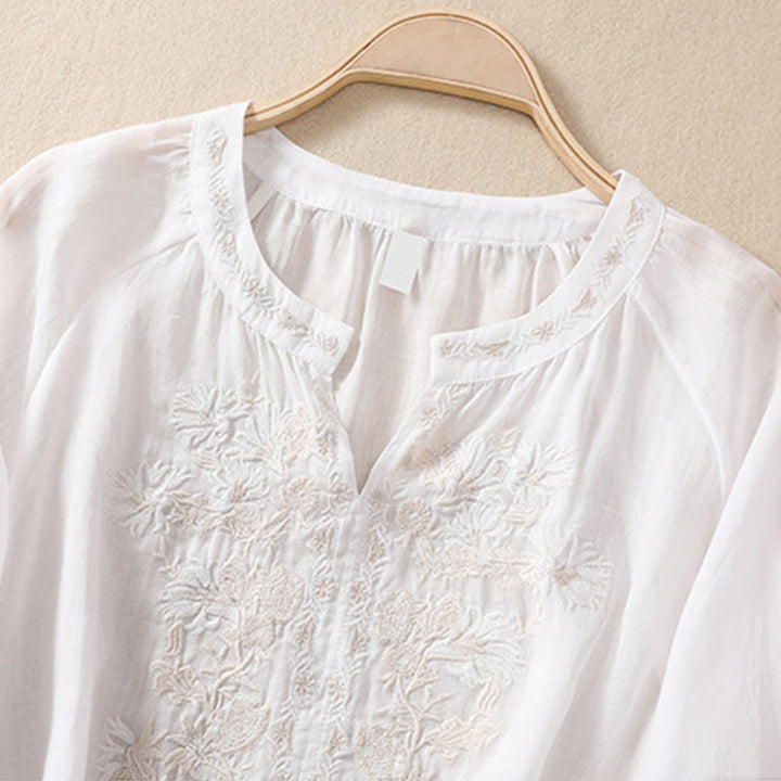 Buddha Stones Embroidered Design Women's Cotton Linen Three Quarter Sleeve Shirt - image 9