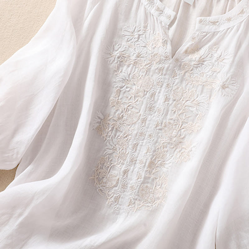 Buddha Stones Embroidered Design Women's Cotton Linen Three Quarter Sleeve Shirt - image 14