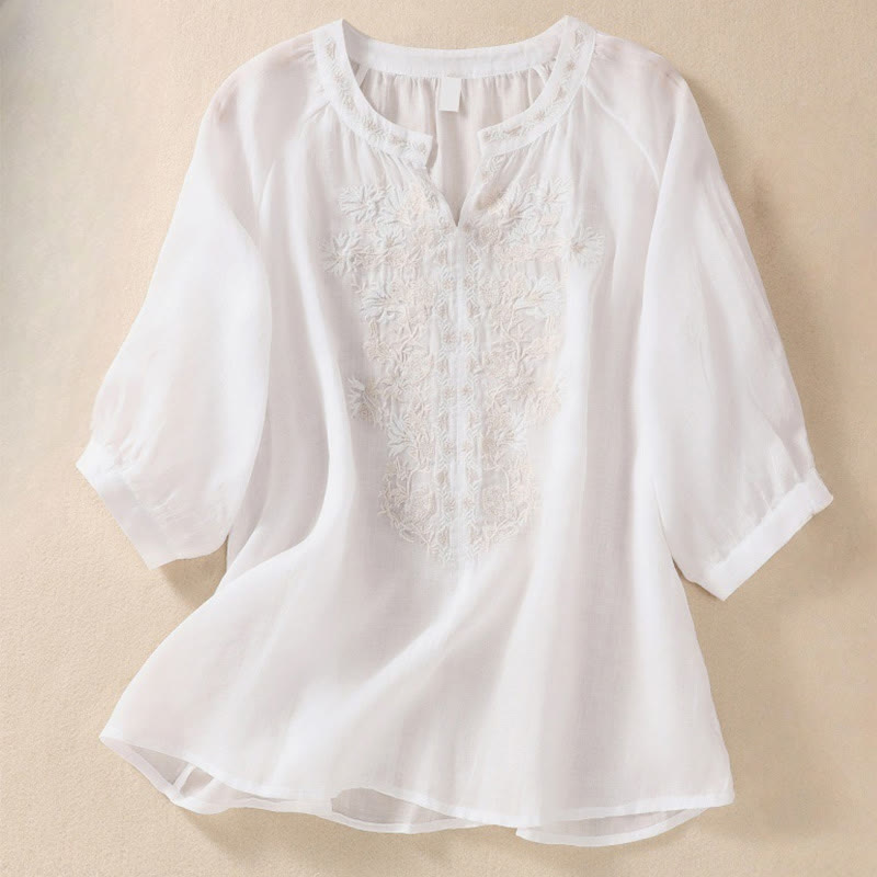 Buddha Stones Embroidered Design Women's Cotton Linen Three Quarter Sleeve Shirt - Snow - US8-10，UK/AU12-14，EU40-42 (2XL) - image 7