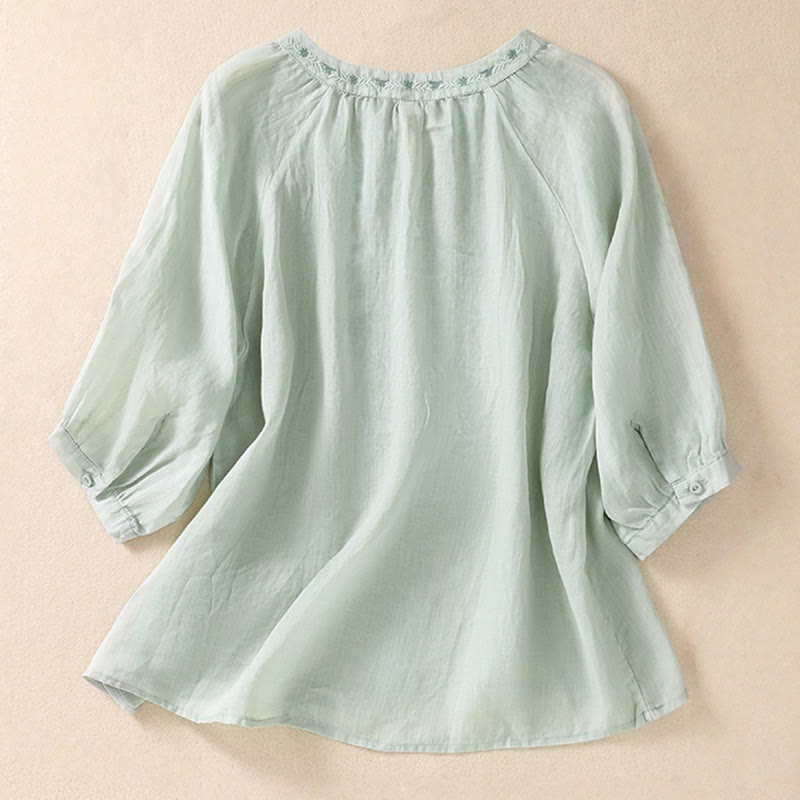 Buddha Stones Embroidered Design Women's Cotton Linen Three Quarter Sleeve Shirt - image 17