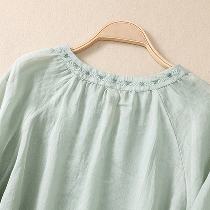 Buddha Stones Embroidered Design Women's Cotton Linen Three Quarter Sleeve Shirt - image 18