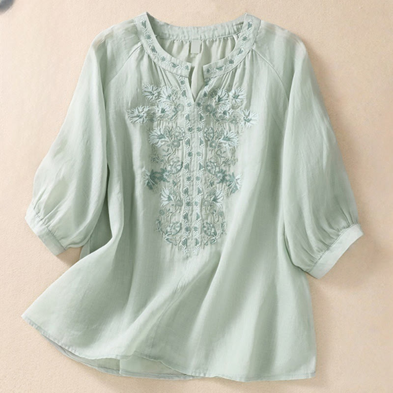 Buddha Stones Embroidered Design Women's Cotton Linen Three Quarter Sleeve Shirt - PaleTurquoise - US8-10，UK/AU12-14，EU40-42 (2XL) - image 16
