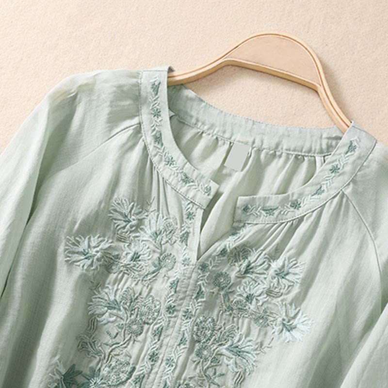 Buddha Stones Embroidered Design Women's Cotton Linen Three Quarter Sleeve Shirt - image 19