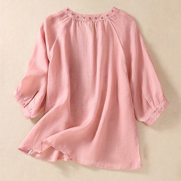 Buddha Stones Embroidered Design Women's Cotton Linen Three Quarter Sleeve Shirt - image 25