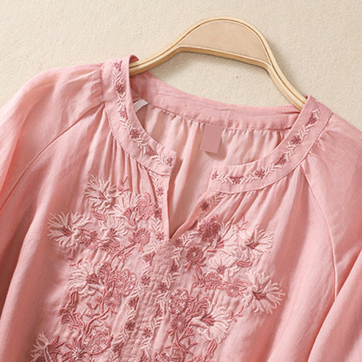 Buddha Stones Embroidered Design Women's Cotton Linen Three Quarter Sleeve Shirt - image 26