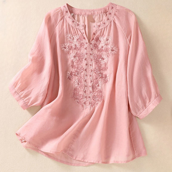 Buddha Stones Embroidered Design Women's Cotton Linen Three Quarter Sleeve Shirt - Pink - US8-10，UK/AU12-14，EU40-42 (2XL) - image 24