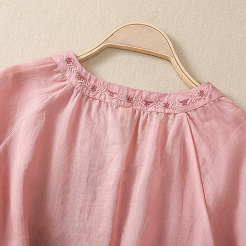 Buddha Stones Embroidered Design Women's Cotton Linen Three Quarter Sleeve Shirt - image 27