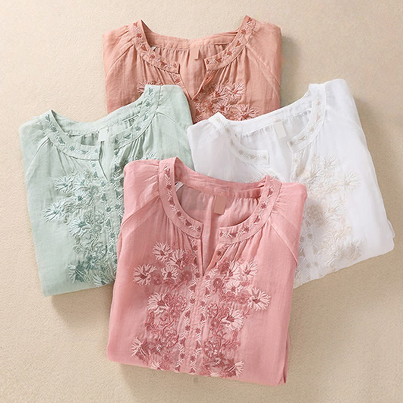 Buddha Stones Embroiderd Design Women's Cotton Linen Three Quarter Sleeve Shirt  - image 33