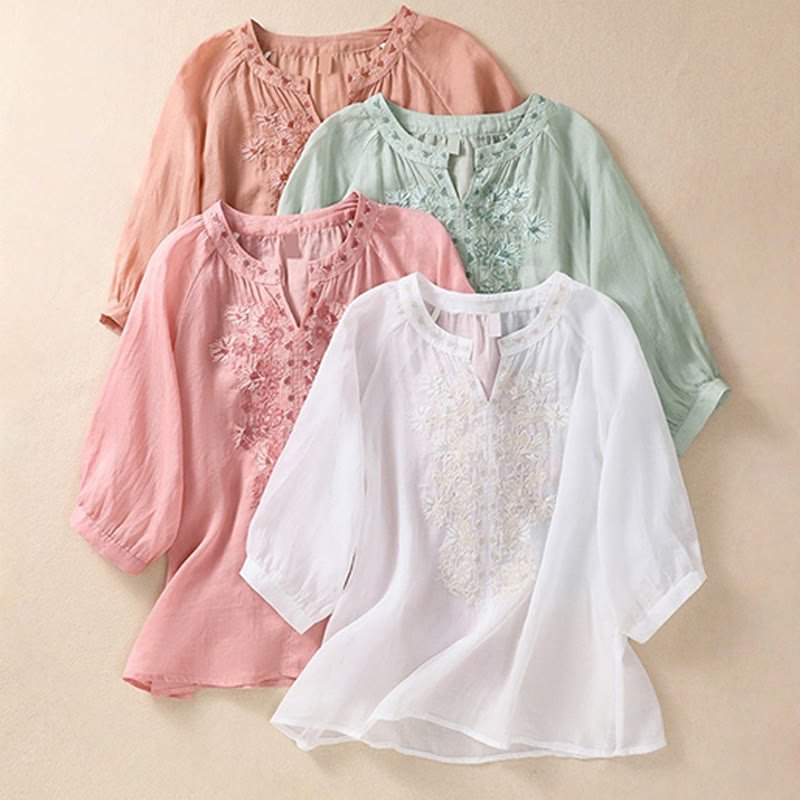 Buddha Stones Embroidered Design Women's Cotton Linen Three Quarter Sleeve Shirt - image 32