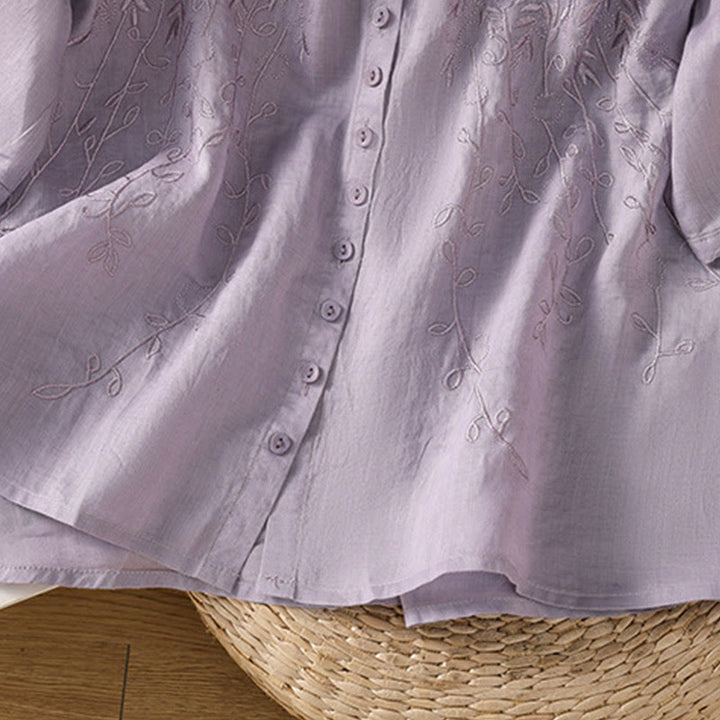 Buddha Stones Embroiderd Front Button Stand Collar Design Women's Cotton Short Sleeve Shirt