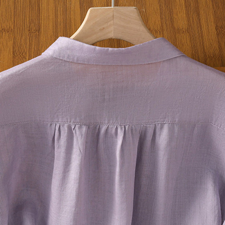 Buddha Stones Embroiderd Front Button Stand Collar Design Women's Cotton Short Sleeve Shirt