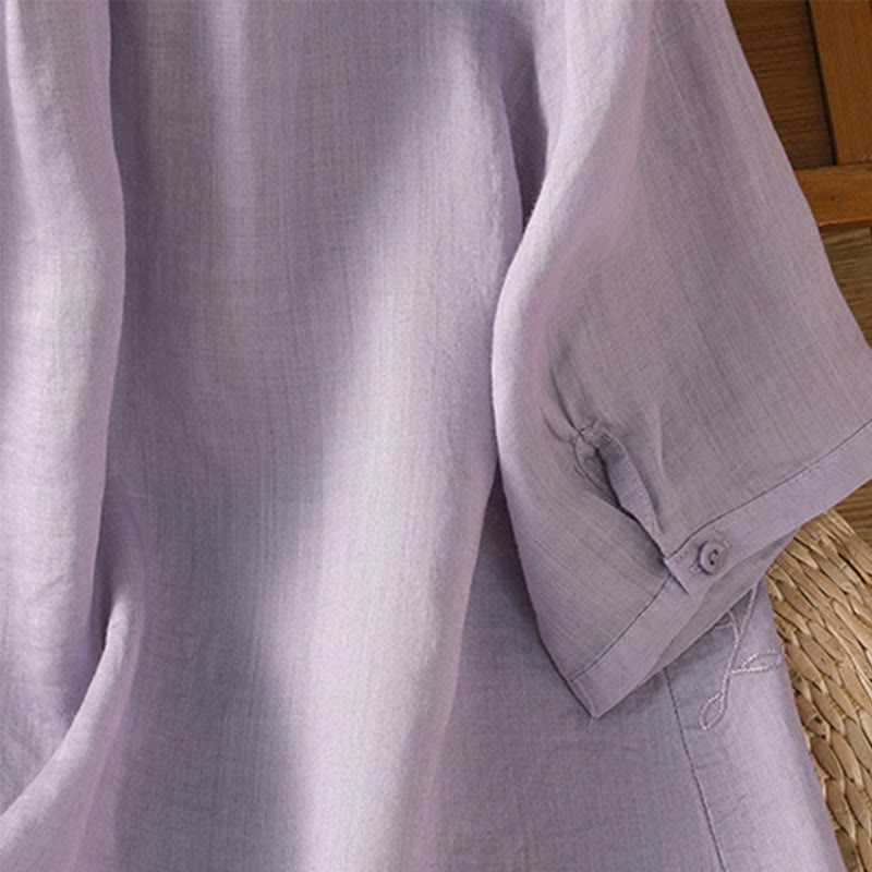 Buddha Stones Embroiderd Front Button Stand Collar Design Women's Cotton Short Sleeve Shirt