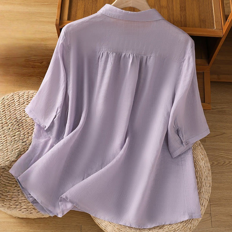 Buddha Stones Embroiderd Front Button Stand Collar Design Women's Cotton Short Sleeve Shirt