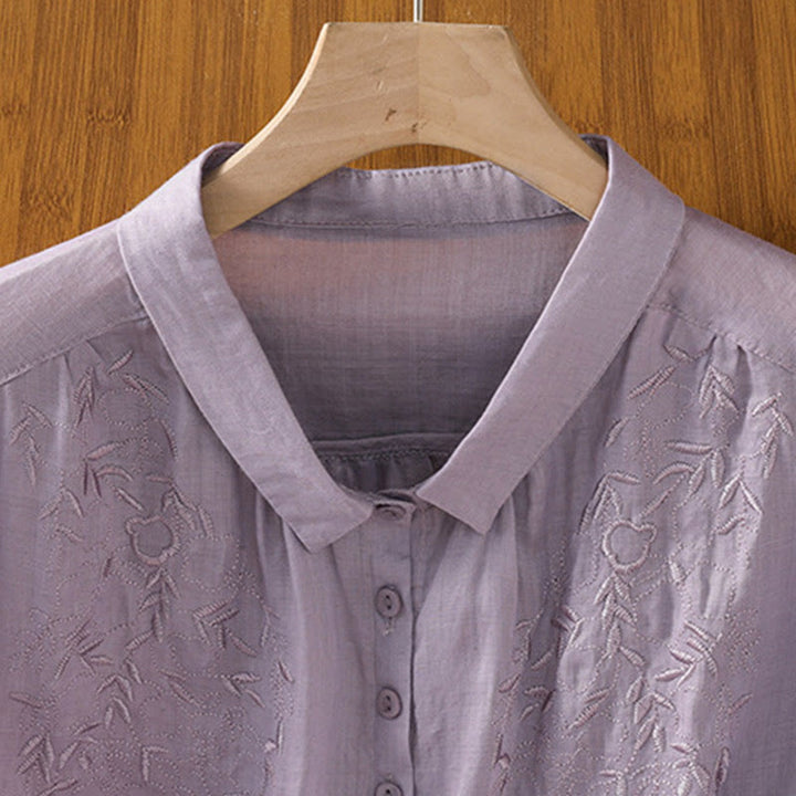 Buddha Stones Embroiderd Front Button Stand Collar Design Women's Cotton Short Sleeve Shirt