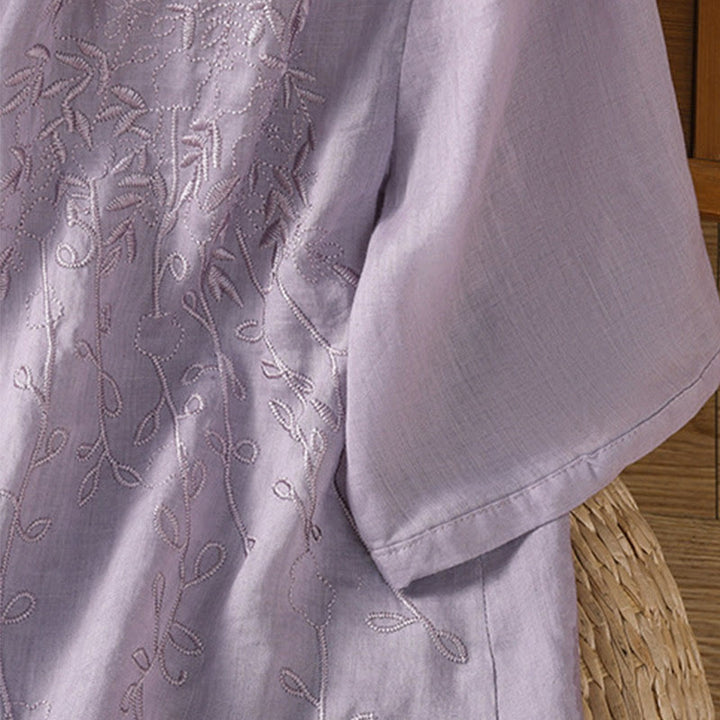 Buddha Stones Embroiderd Front Button Stand Collar Design Women's Cotton Short Sleeve Shirt