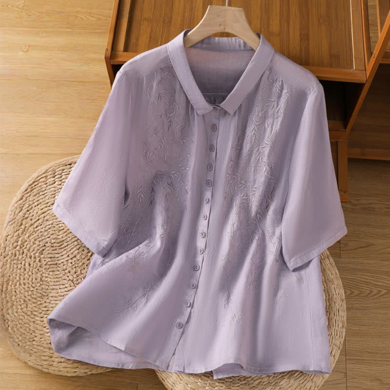 Buddha Stones Embroidered Front Button Stand Collar Design Women's Cotton Short Sleeve Shirt - MediumPurple - US8-10，UK/AU12-14，EU40-42 (2XL) - image 0