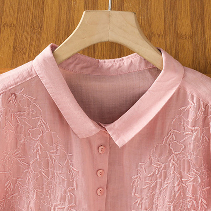 Buddha Stones Embroiderd Front Button Stand Collar Design Women's Cotton Short Sleeve Shirt