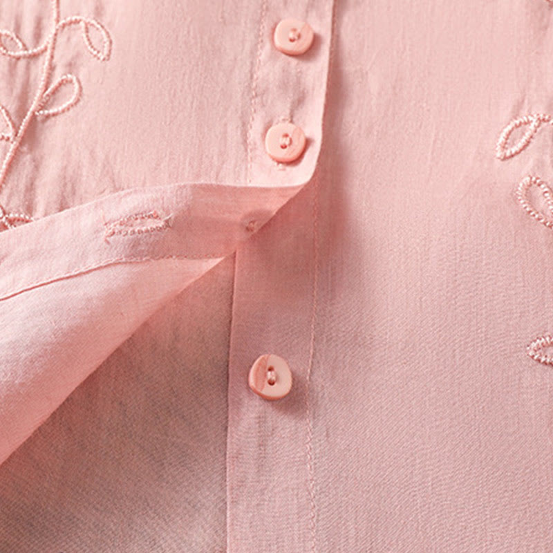 Buddha Stones Embroiderd Front Button Stand Collar Design Women's Cotton Short Sleeve Shirt