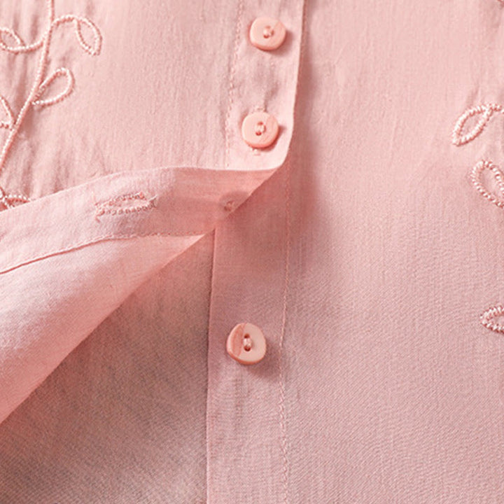 Buddha Stones Embroiderd Front Button Stand Collar Design Women's Cotton Short Sleeve Shirt