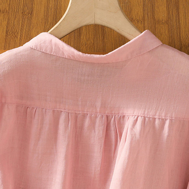 Buddha Stones Embroiderd Front Button Stand Collar Design Women's Cotton Short Sleeve Shirt