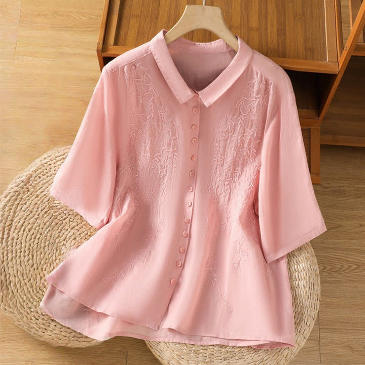 Buddha Stones Embroiderd Front Button Stand Collar Design Women's Cotton Short Sleeve Shirt