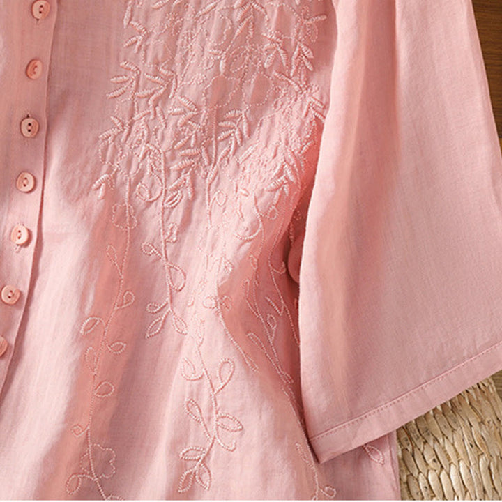 Buddha Stones Embroiderd Front Button Stand Collar Design Women's Cotton Short Sleeve Shirt