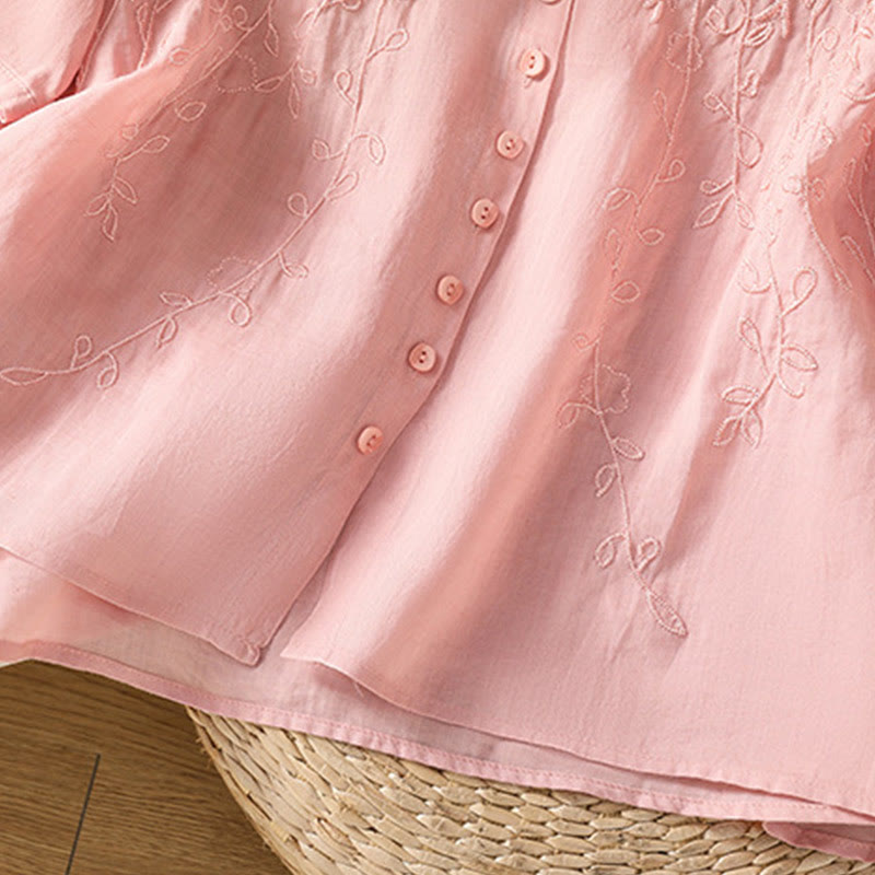 Buddha Stones Embroiderd Front Button Stand Collar Design Women's Cotton Short Sleeve Shirt