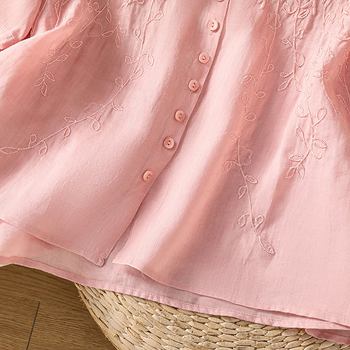 Buddha Stones Embroiderd Front Button Stand Collar Design Women's Cotton Short Sleeve Shirt