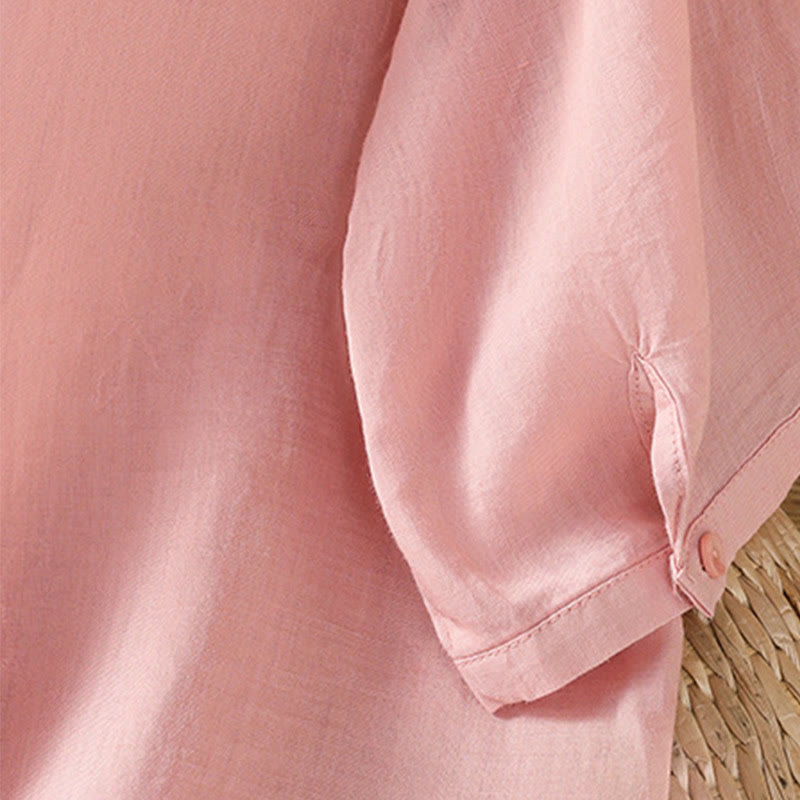 Buddha Stones Embroidered Front Button Stand Collar Design Women's Cotton Short Sleeve Shirt - image 11