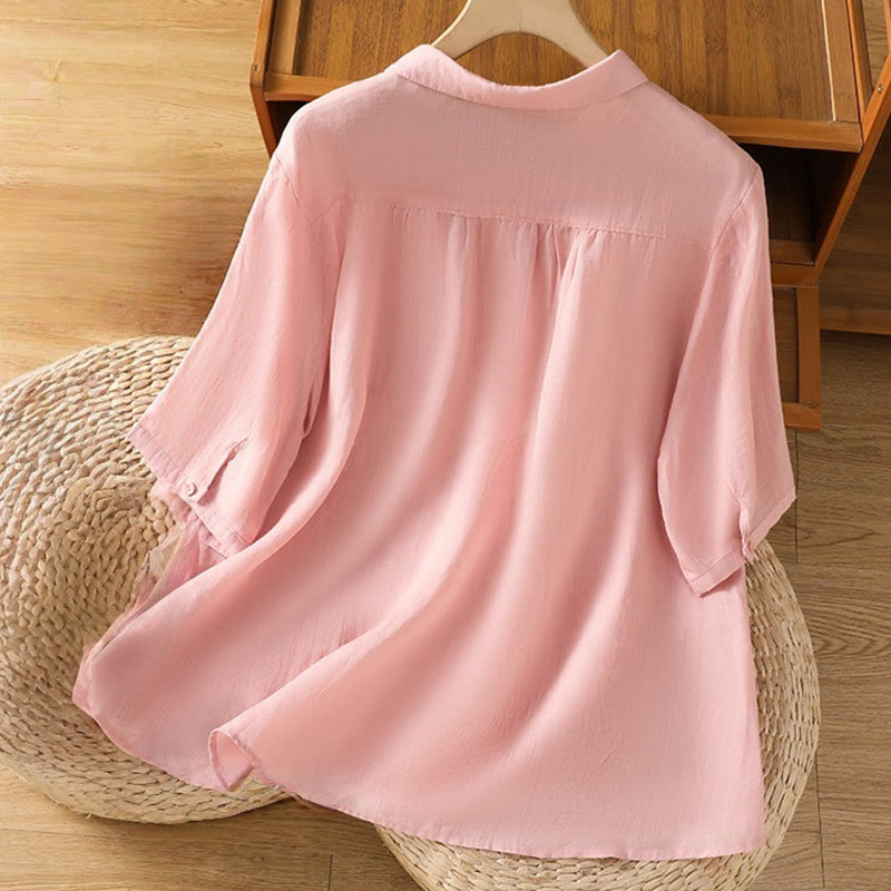 Buddha Stones Embroiderd Front Button Stand Collar Design Women's Cotton Short Sleeve Shirt