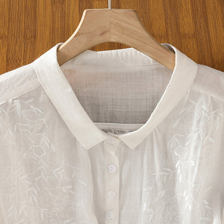 Buddha Stones Embroiderd Front Button Stand Collar Design Women's Cotton Short Sleeve Shirt