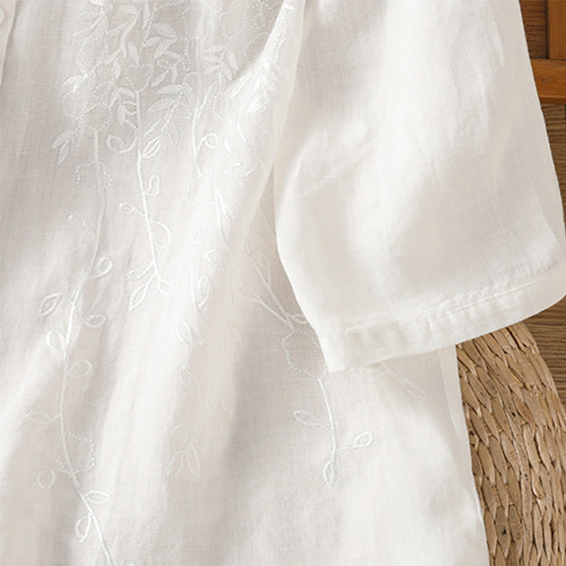 Buddha Stones Embroiderd Front Button Stand Collar Design Women's Cotton Short Sleeve Shirt