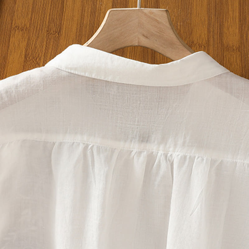 Buddha Stones Embroiderd Front Button Stand Collar Design Women's Cotton Short Sleeve Shirt