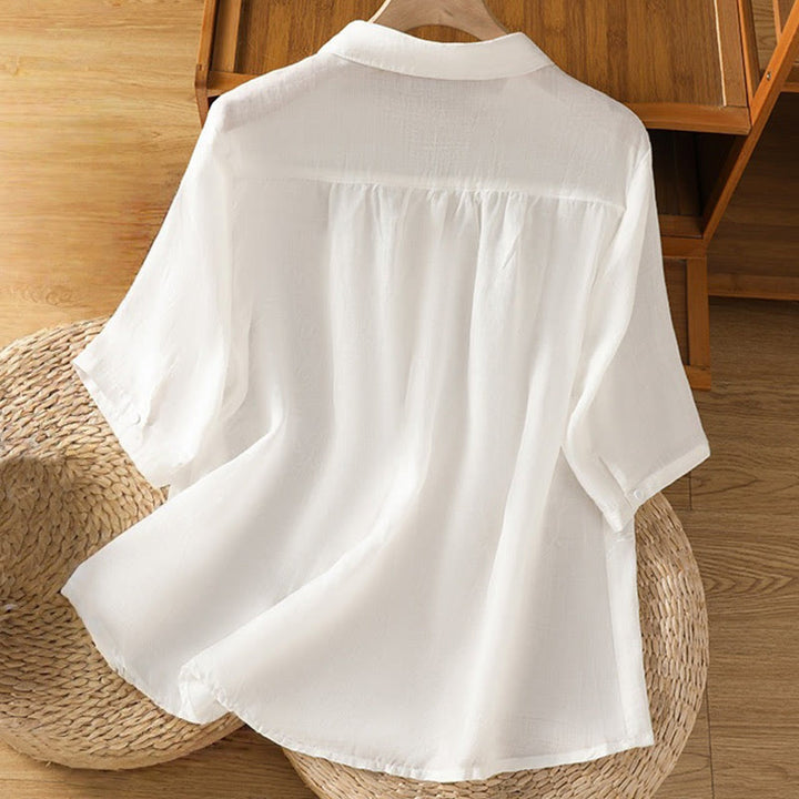 Buddha Stones Embroiderd Front Button Stand Collar Design Women's Cotton Short Sleeve Shirt
