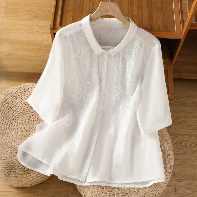 Buddha Stones Embroiderd Front Button Stand Collar Design Women's Cotton Short Sleeve Shirt
