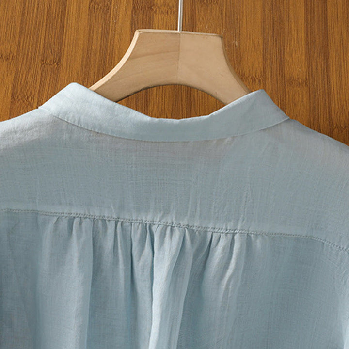 Buddha Stones Embroiderd Front Button Stand Collar Design Women's Cotton Short Sleeve Shirt