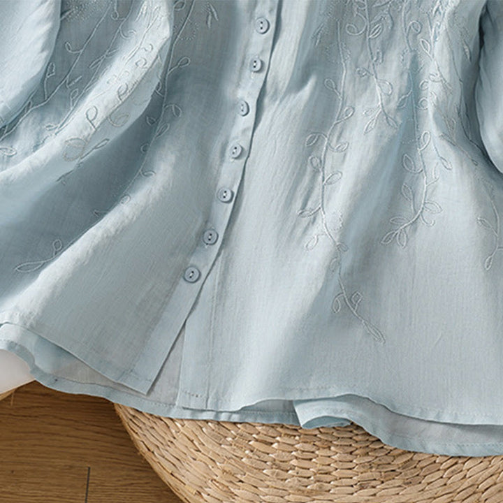 Buddha Stones Embroiderd Front Button Stand Collar Design Women's Cotton Short Sleeve Shirt  - image 28