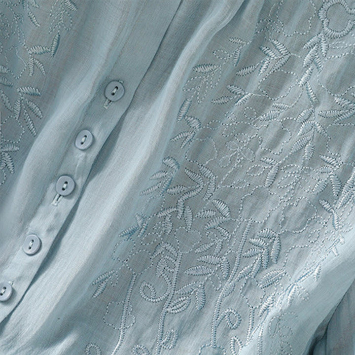 Buddha Stones Embroiderd Front Button Stand Collar Design Women's Cotton Short Sleeve Shirt  - image 30