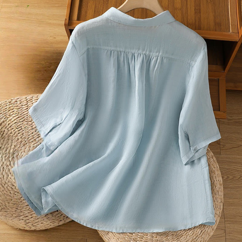 Buddha Stones Embroiderd Front Button Stand Collar Design Women's Cotton Short Sleeve Shirt