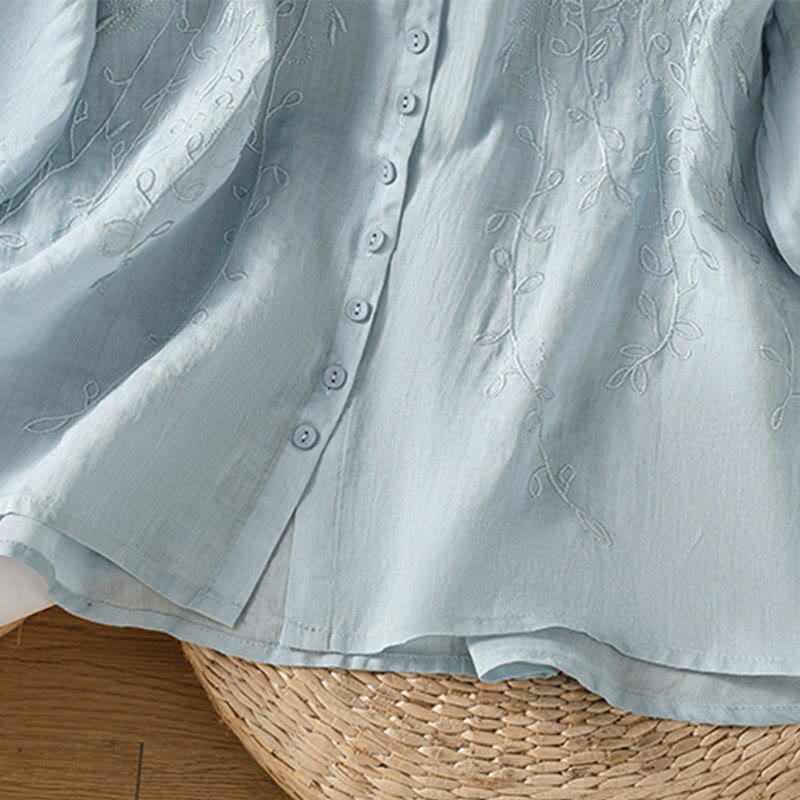 Buddha Stones Embroidered Front Button Stand Collar Design Women's Cotton Short Sleeve Shirt - image 28