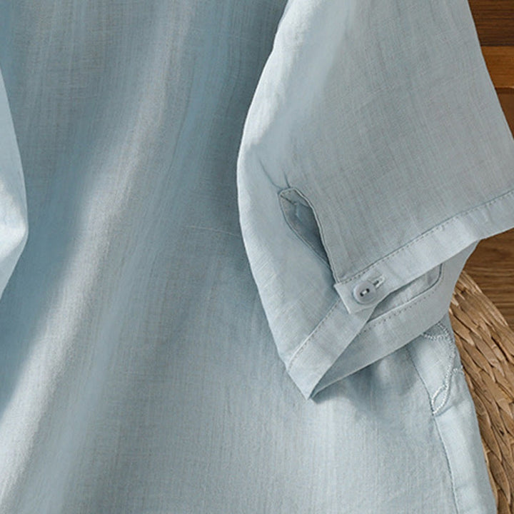 Buddha Stones Embroidered Front Button Stand Collar Design Women's Cotton Short Sleeve Shirt - image 27