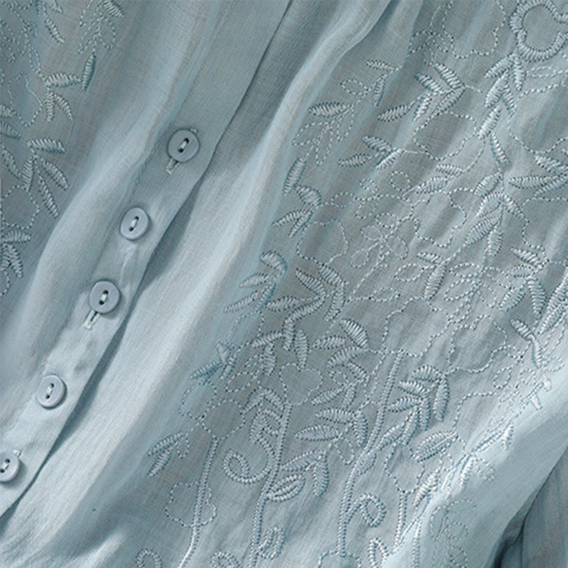 Buddha Stones Embroidered Front Button Stand Collar Design Women's Cotton Short Sleeve Shirt - image 30