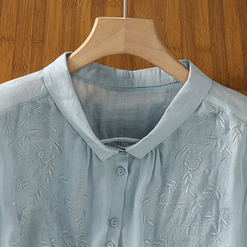 Buddha Stones Embroiderd Front Button Stand Collar Design Women's Cotton Short Sleeve Shirt