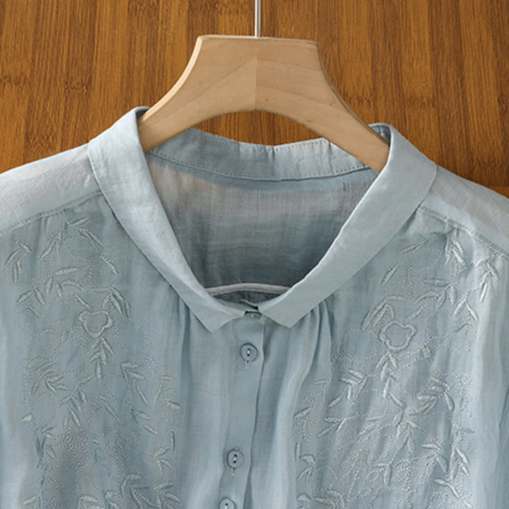 Buddha Stones Embroiderd Front Button Stand Collar Design Women's Cotton Short Sleeve Shirt
