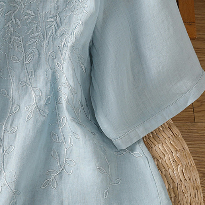 Buddha Stones Embroiderd Front Button Stand Collar Design Women's Cotton Short Sleeve Shirt  - image 29