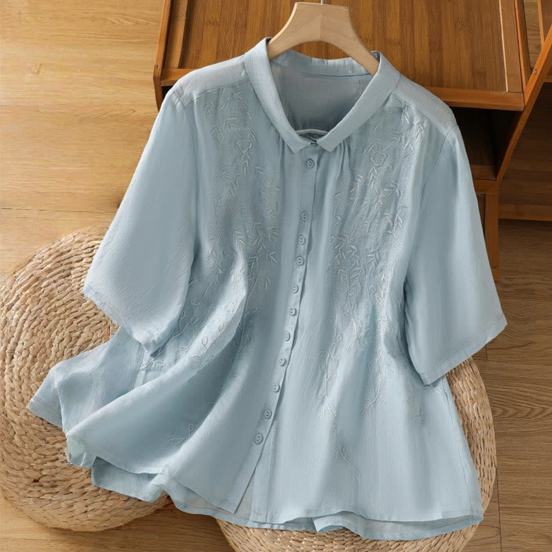 Buddha Stones Embroiderd Front Button Stand Collar Design Women's Cotton Short Sleeve Shirt
