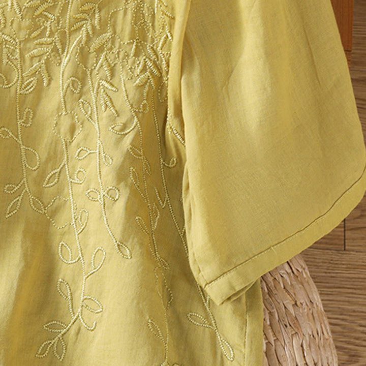 Buddha Stones Embroiderd Front Button Stand Collar Design Women's Cotton Short Sleeve Shirt