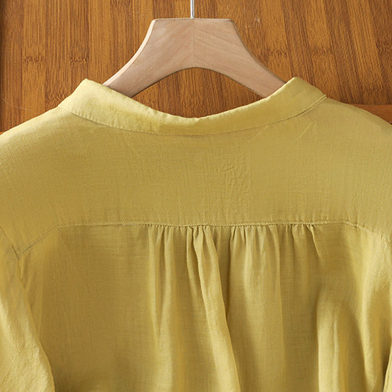 Buddha Stones Embroiderd Front Button Stand Collar Design Women's Cotton Short Sleeve Shirt