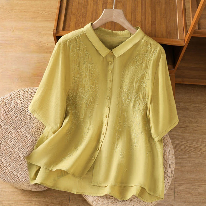 Buddha Stones Embroiderd Front Button Stand Collar Design Women's Cotton Short Sleeve Shirt